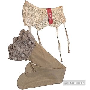 Basic Garter Belt & Lace Sheer Stockings Lingerie Set Nude Dainty Soft Stretchy